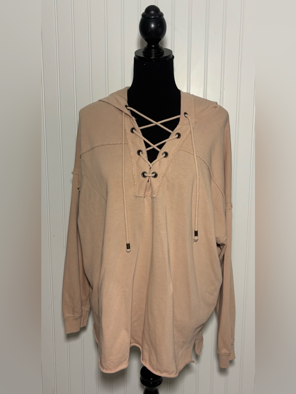 Aerie Tan Lace Up Hoodie Sweatshirt Size Small 100% Cotton Raw Hem Festival Boho